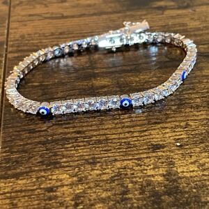Silver Tone CZ Tennis Bracelet Blue Evil Eye Charm 8in 6mm Crystal